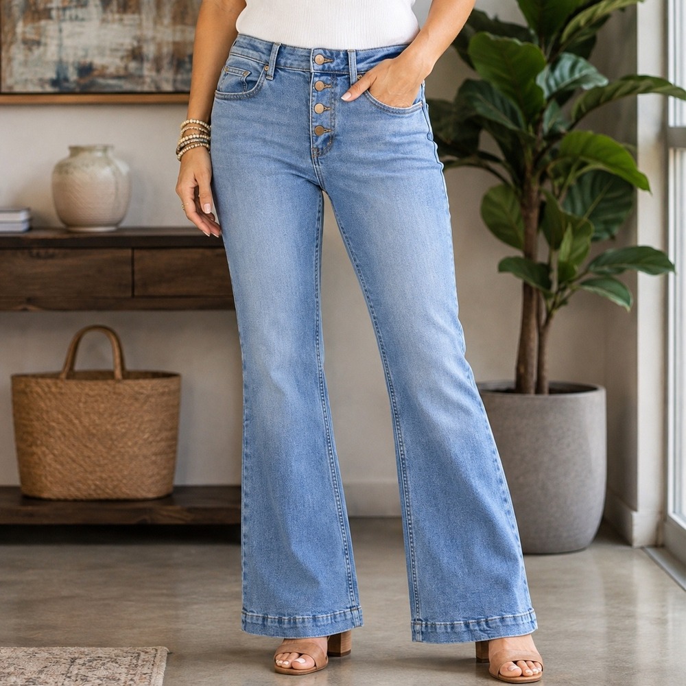 Zara Women Light Wash High Rise Button Fly Flare Jeans Size 4 Slim Fit Wide Leg